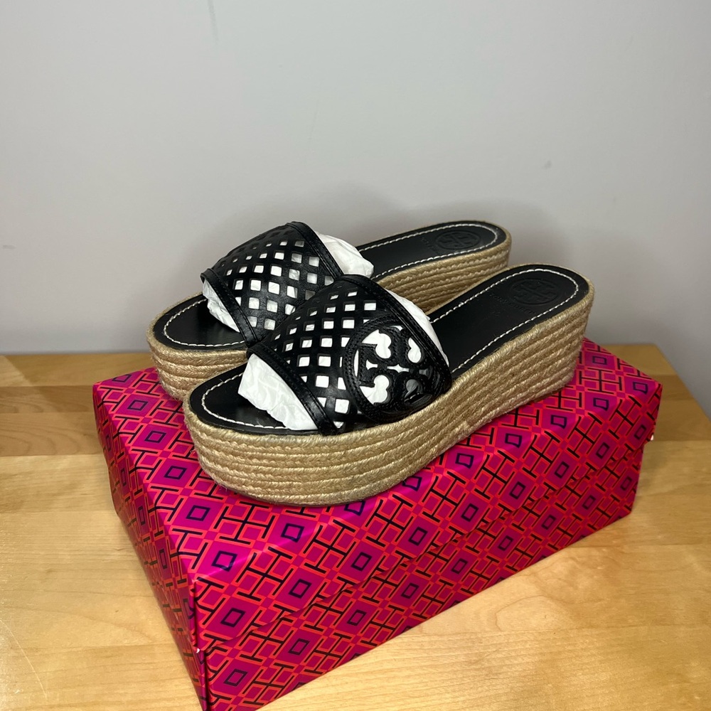 Tori Burch Black and Tan Platform Slide Sandals